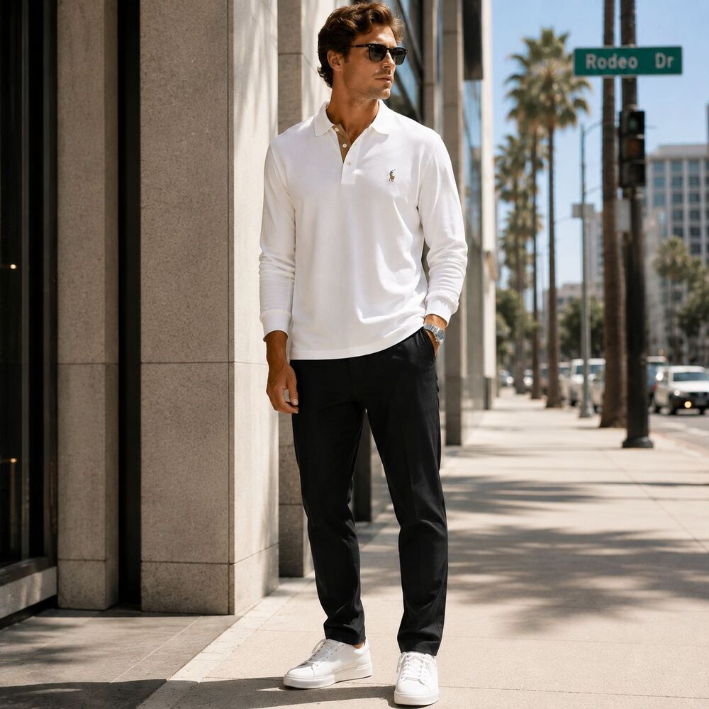 POLO RALPH LAUREN Men’s LARGE Soft Polo White Classic Fit Long Sleeve Pony Color